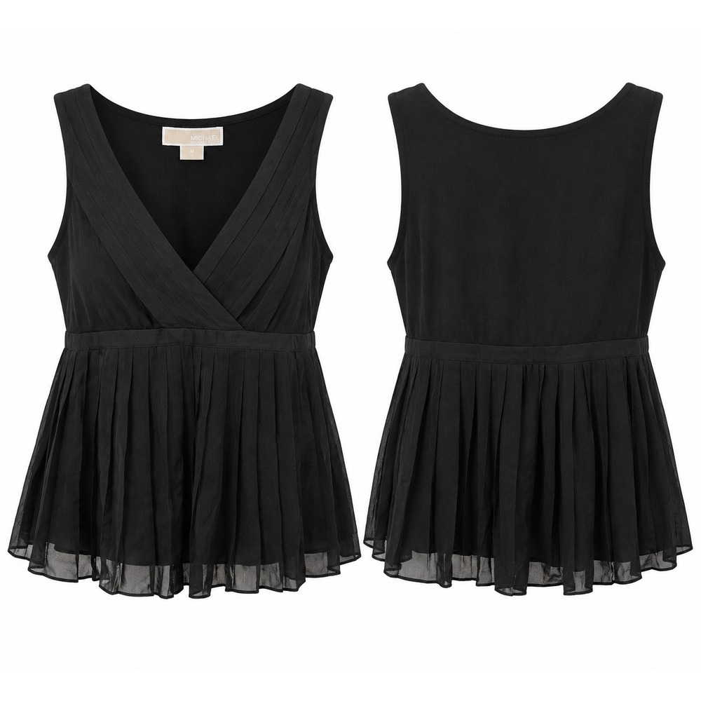 Michael Kors Black Pleated Georgette Surplice V-Neck Peplum Tank Top Medium